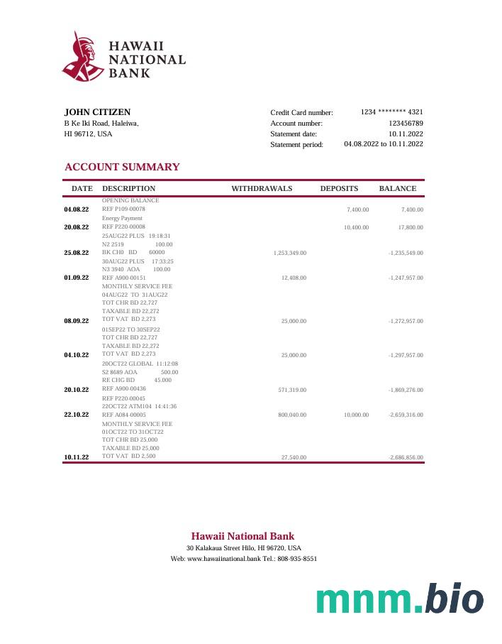 Hawaii Hawaii National wzór wyciągu bankowego w formacie Word i PDF